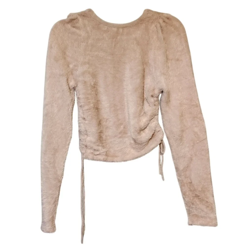 For Love/Lemons Mohr Faux Fur Top XL Beige Tie Waist Wrap Quiet Luxury Soft Glam - Picture 3 of 7